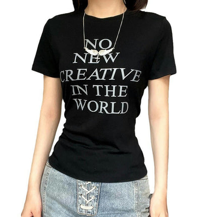 Women's Basic Letter Print Short Sleeve Tee Shirt Top Crewneck Slim Fit T-Shrits