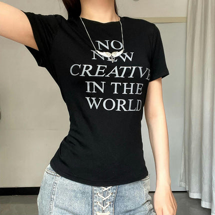 Women's Basic Letter Print Short Sleeve Tee Shirt Top Crewneck Slim Fit T-Shrits