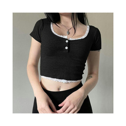 Women's Ribbed Crop Tops Casual Short Sleeve Lace Trim Tee Square Neck T Shirts