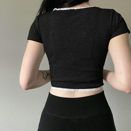 Women's Ribbed Crop Tops Casual Short Sleeve Lace Trim Tee Square Neck T Shirts