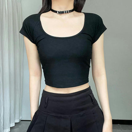 Women Mesh Splicing Crop Top Short Sleeve Round Neck Slim Fit T-Shirt