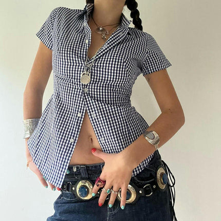 Women's Plaid Button Down Shirt Short Sleeve Crop Tops Slim Fit Casual Blouses