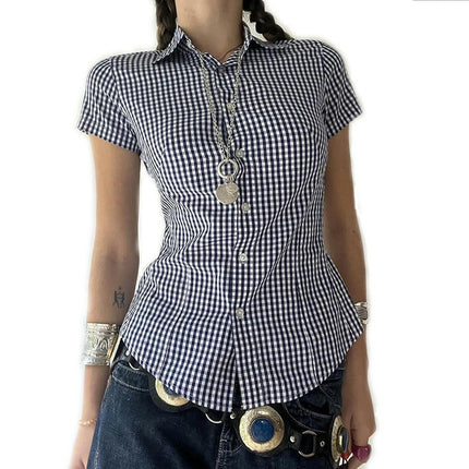 Women's Plaid Button Down Shirt Short Sleeve Crop Tops Slim Fit Casual Blouses