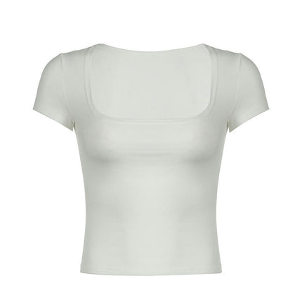 Women's Short Sleeve Crop Tops Casual Basic Square Neck Tight T Shirts