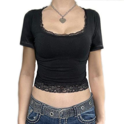 Women's Short Sleeve Crop Tops Casual Basic Lace Trim Square Neck Tight T Shirts