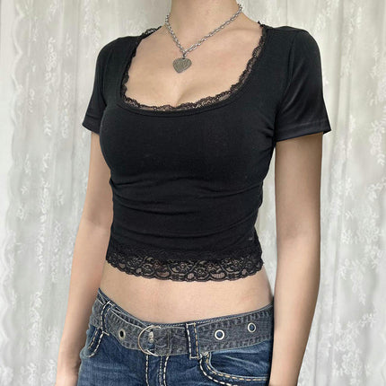 Women's Short Sleeve Crop Tops Casual Basic Lace Trim Square Neck Tight T Shirts