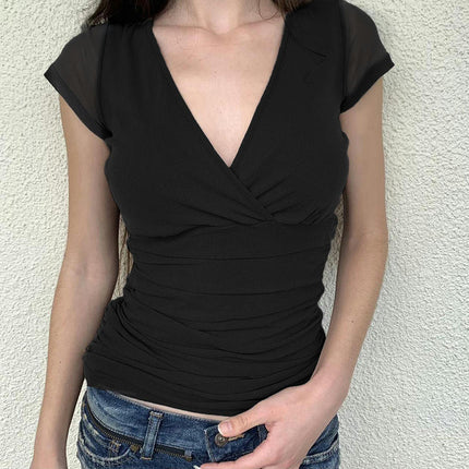 Womens Mesh Short Sleeve T-Shirts V Neck Slim Fit Summer Ruched Tops