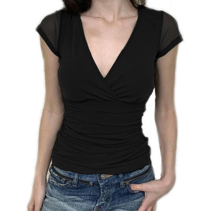 Womens Mesh Short Sleeve T-Shirts V Neck Slim Fit Summer Ruched Tops