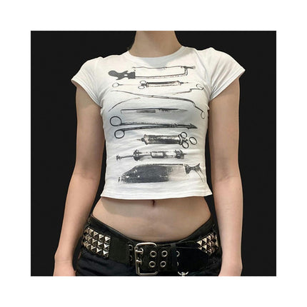 Women's Summer Print Slim Fit Crop Tee Top Short Sleeve Round Neck T Shirts