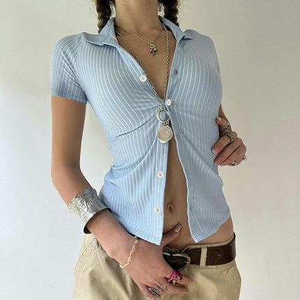 Womens Button Down Shirts Short Sleeve Summer V Neck Collared Stripes Casual Slim Fit Tops