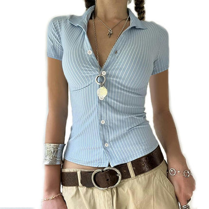 Womens Button Down Shirts Short Sleeve Summer V Neck Collared Stripes Casual Slim Fit Tops