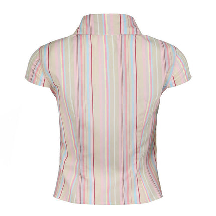 Women Striped Button Down Shirts V Neck Collared Tops Short Sleeve Slim Fit Shirt