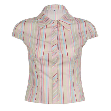 Women Striped Button Down Shirts V Neck Collared Tops Short Sleeve Slim Fit Shirt