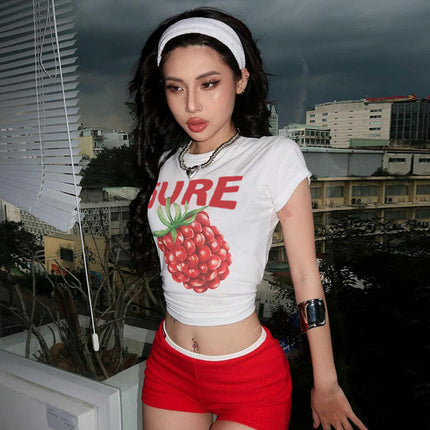 Women's Graphic Printed Round Neck Crop Tee Top Short Sleeve Slim Fit T Shirt