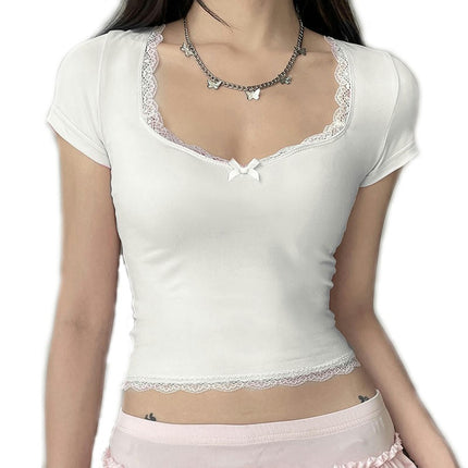 Women Crop Top Short Sleeve Summer Tee Slim Fit Lace Trim Scoop Neck T-Shirt