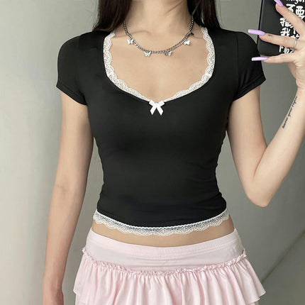 Women Crop Top Short Sleeve Summer Tee Slim Fit Lace Trim Scoop Neck T-Shirt