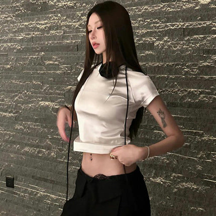 Womens Satin T Shirts Round Neck Short Sleeve Summer Casual Slim Fit Crop Tops