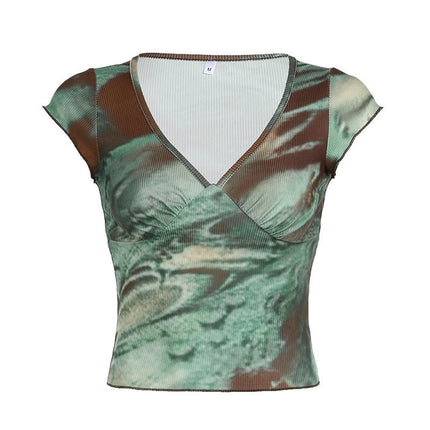 Women's Summer Ruffle Cap Sleeve Crop Top V Neck Ruched Slim Fit T Shirt