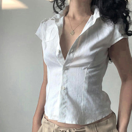 Womens Short Sleeve Button Down Shirts Collar Blouse Basic Simple Shirt