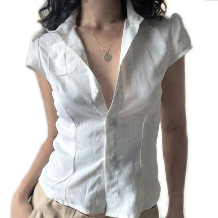 Womens Short Sleeve Button Down Shirts Collar Blouse Basic Simple Shirt