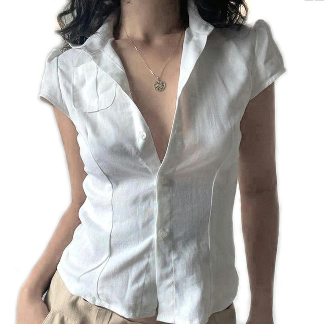 Womens Short Sleeve Button Down Shirts Collar Blouse Basic Simple Shirt