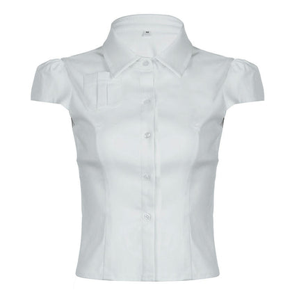 Womens Short Sleeve Button Down Shirts Collar Blouse Basic Simple Shirt