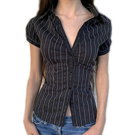 Womens Button Down Shirts Striped Puff Short Sleeve Collared Slim Fit Tops