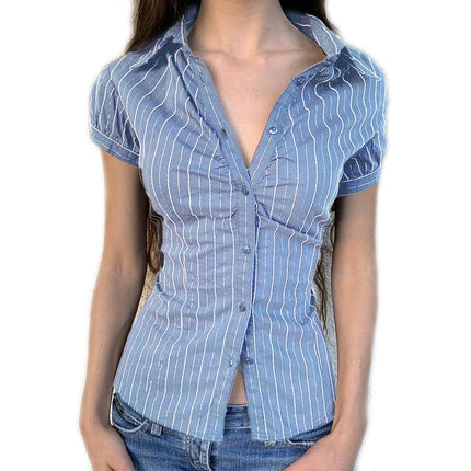 Womens Button Down Shirts Striped Puff Short Sleeve Collared Slim Fit Tops