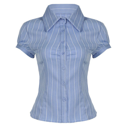 Womens Button Down Shirts Striped Puff Short Sleeve Collared Slim Fit Tops