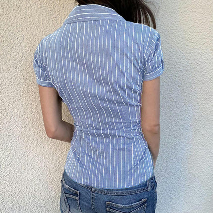 Womens Button Down Shirts Striped Puff Short Sleeve Collared Slim Fit Tops