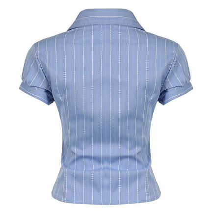 Womens Button Down Shirts Striped Puff Short Sleeve Collared Slim Fit Tops