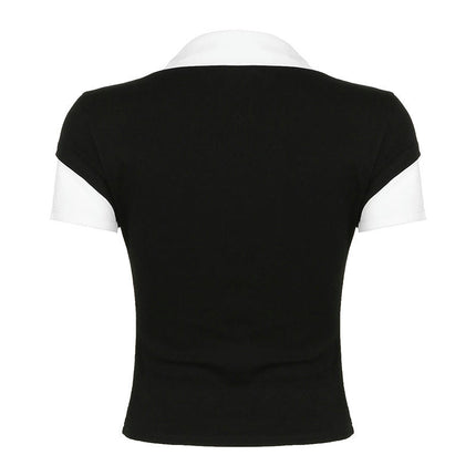 Women's Colorblock Polo Shirts Casual Short Sleeve V Neck Collared Crop Top