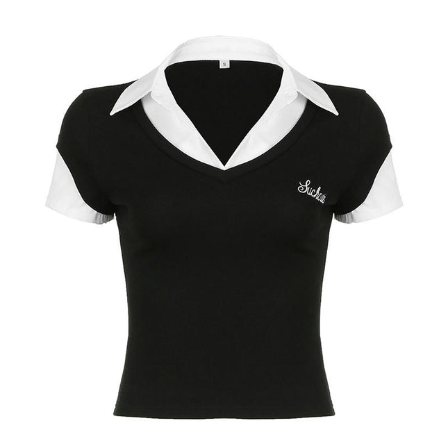 Women's Colorblock Polo Shirts Casual Short Sleeve V Neck Collared Crop Top