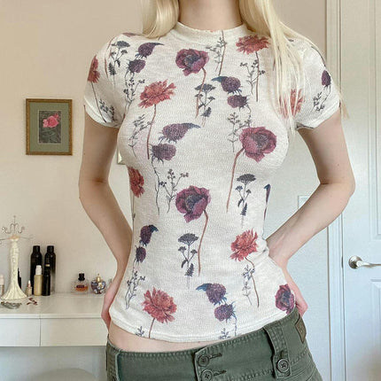 Women's Floral Printed Slim Fit Tee Top Short Sleeve High Neck T Shirts