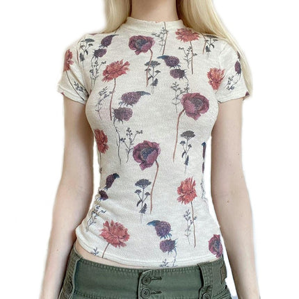 Women's Floral Printed Slim Fit Tee Top Short Sleeve High Neck T Shirts