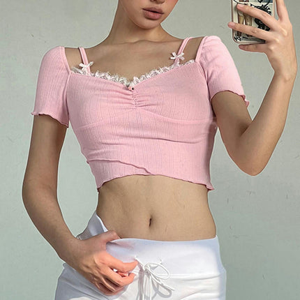 Women Square Neck Shorts Sleeve T Shirts Slim Fit Lace Trim Crop Top