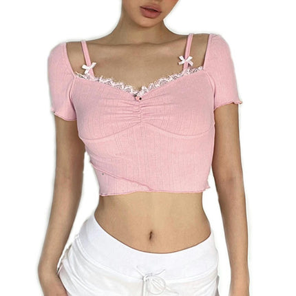 Women Square Neck Shorts Sleeve T Shirts Slim Fit Lace Trim Crop Top