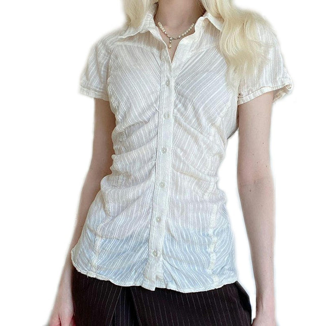 Womens Button Down Shirts Casual Short Sleeve Textured Collared Summer Tops