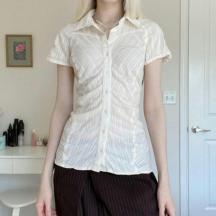 Womens Button Down Shirts Casual Short Sleeve Textured Collared Summer Tops