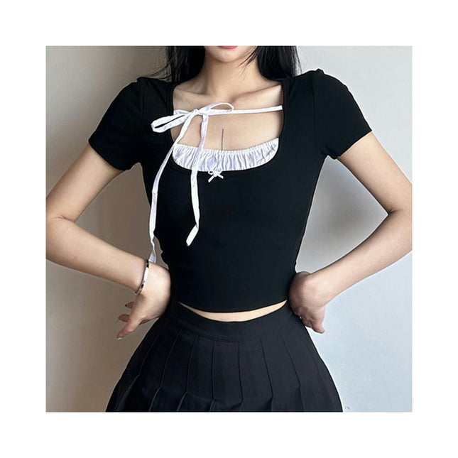 Women Patchwork Crop Top Tee Short Sleeve Square Neck Shirt Vintage Casual T-Shirt