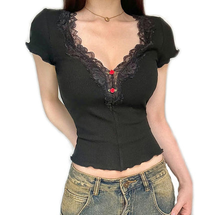 Women's Casual Lace Trim V Neck Short Sleeve Crop Top Slim Fit T Shirts