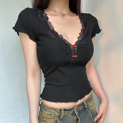 Women's Casual Lace Trim V Neck Short Sleeve Crop Top Slim Fit T Shirts