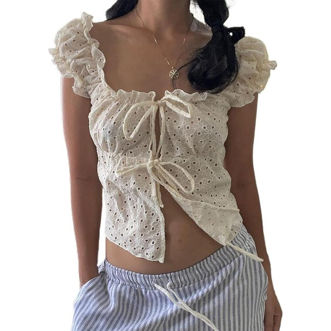 Women's Hollow Tie Front Crop Tops Ruffle Short Sleeve Square Neck Summer Shirts