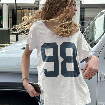 Women's Numbers Print Top Scoop Neck Short Sleeve T-Shirt Summer Loose Tee