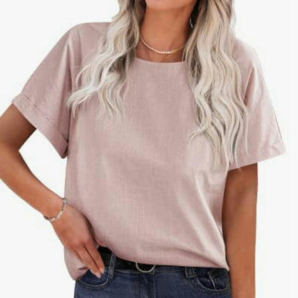 Women's Casual Cotton Linen Shirts Short Sleeve Crew Neck Loose Fit Tunic Tops