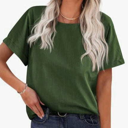 Women's Casual Cotton Linen Shirts Short Sleeve Crew Neck Loose Fit Tunic Tops