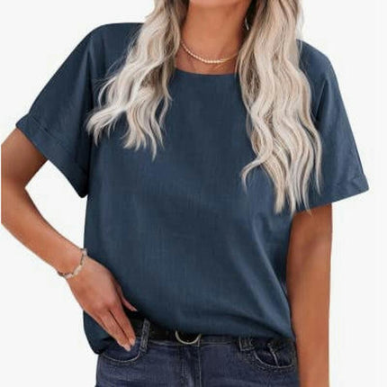 Women's Casual Cotton Linen Shirts Short Sleeve Crew Neck Loose Fit Tunic Tops