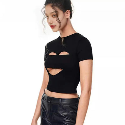 Women's Summer Cut Out Shirts Short Sleeve Round Neck Slim Fit Crop Top