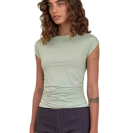 Womens Round Neck Short Sleeve Basic Tee Tops Fitted Ruched T-Shirts