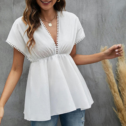 Women Summer Ruffle Short Sleeve V Neck Shirt Tunic Babydoll Tops